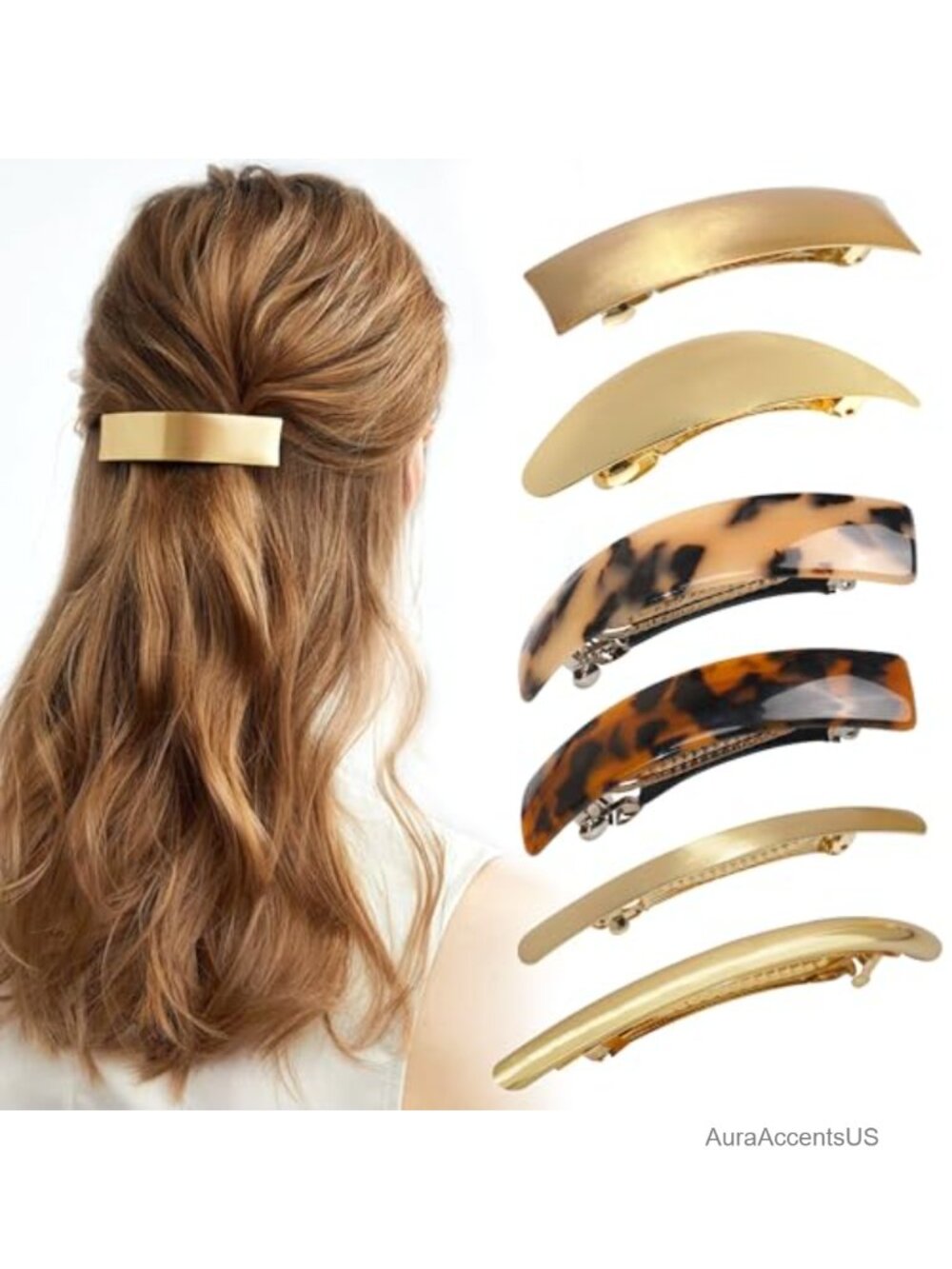 Ayesha Gold Metal Flat Hair Clips French Barrette Women's Hair Accessories